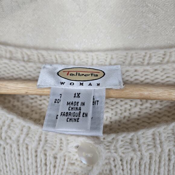 VTG Talbots Lambswool Angora Cardigan 1X Ivory Blue Snowflakes Holiday - Picture 10 of 14
